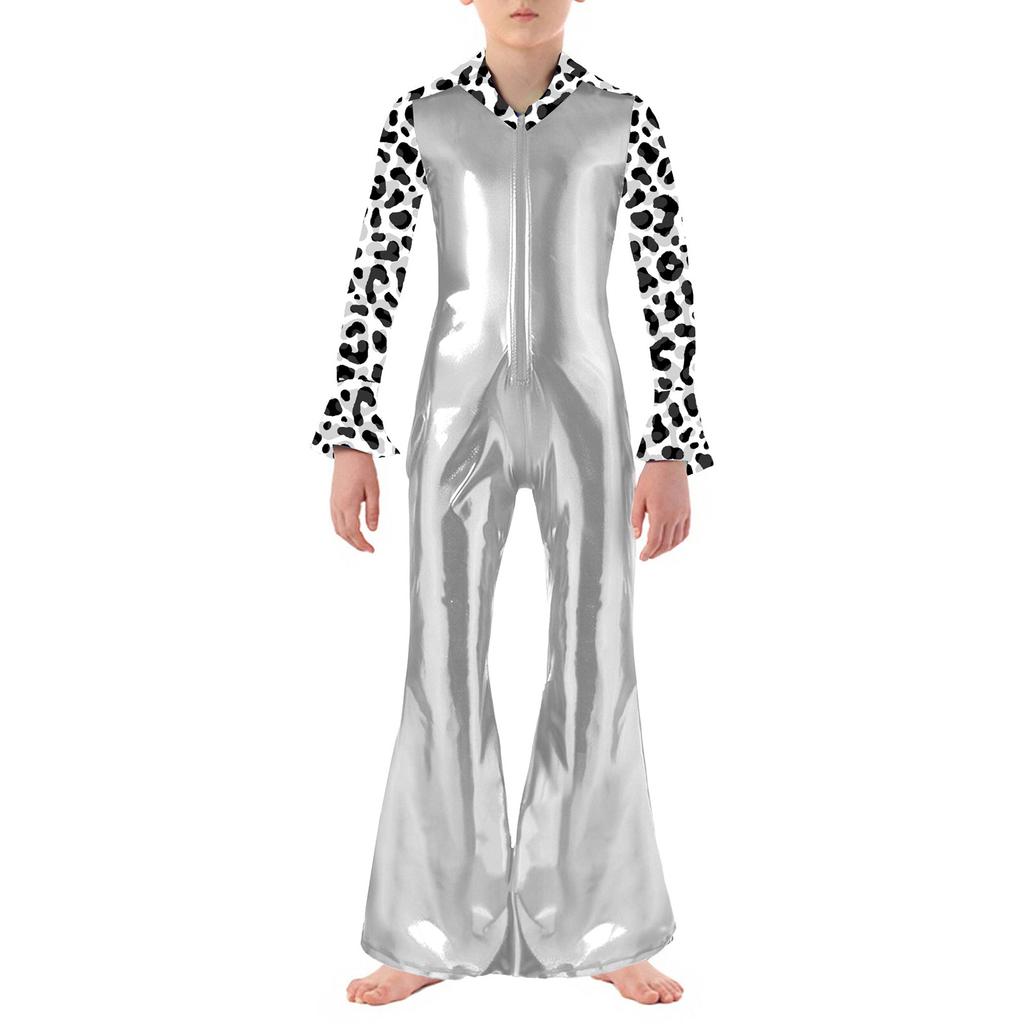 Boys Disco Costume Patchwork Printed Design Shiny Metallic Lapel Collar Long Flare Sleeve Bell Bottomed Pants Jumpsuit