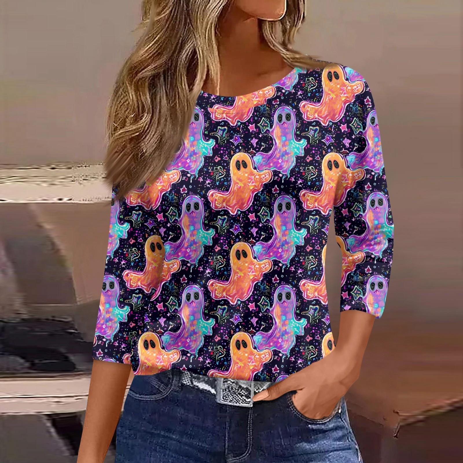 

Women s Fashion Casual Three-quarter Sleeve Halloween Printed Round Neck Top XXXL