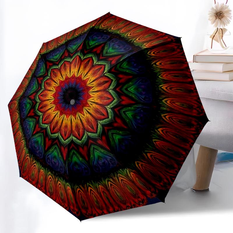 1pc Rose Clock Combination pattern Sturdy 8-Bone Auto Umbrella, Bright Umbrella, Digital Printed, Foldable Umbrella for On-the-Go Outdoor Use