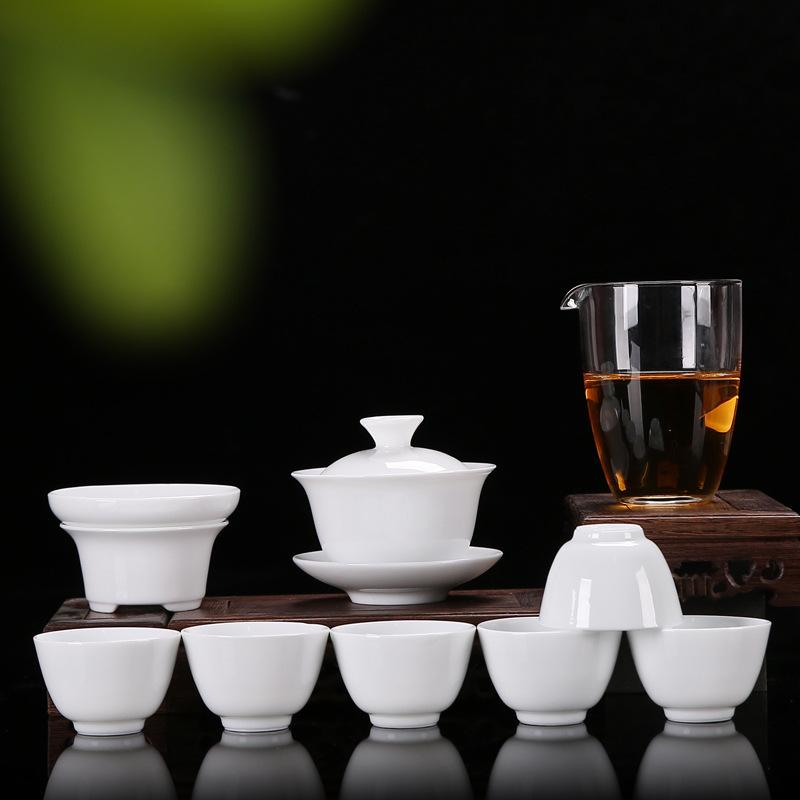 High-end Gift Box Ceramic Kung Fu Tea Set Home Office White Porcelain Cover Bowl Tea Cup Complete Set