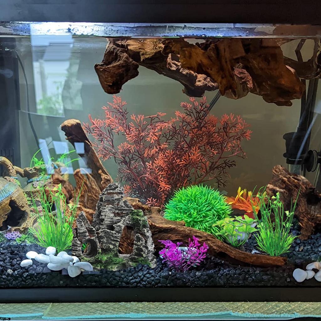 7-teiliges Aquarium-Fischbecken-Dekorationsset mit Kunststoffpflanzen und Höhlenfelsen, 7 Teile, Kleine und Große Künstliche Aquarium-Pflanzen