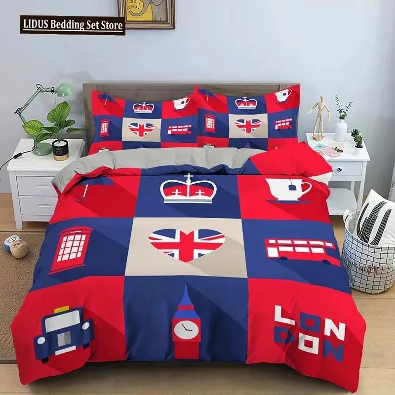 UK London Style King Queen Duvet Cover British Elements Bedding Set for Teens Adults London Bridge Big Ben Polyester Quilt Cover