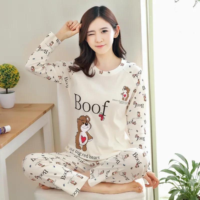 Kadın Moda Uzun Kollu Pantolon Pijama İlkbahar Yaz Çizgi Film Ayı Yumuşak Nefes Alabilir Günlük Pijama 2 Parça Set Büyük Beden Sevimli