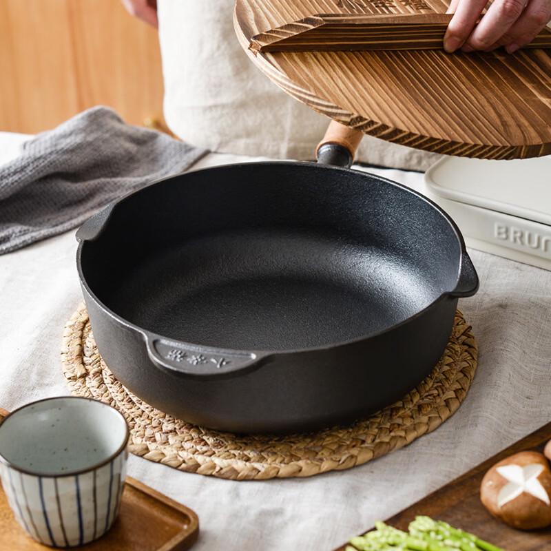 ZISIZ Wooden Handle Deep Cast Iron Frying Pan