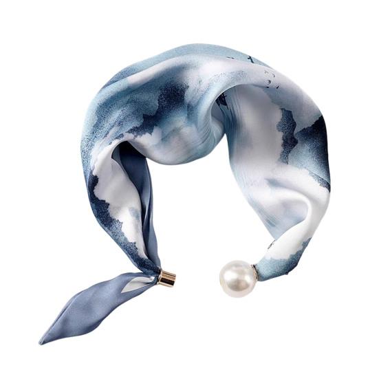 Women Silk Scarf Striped Leopard Dot Print Silk Scarf Necklace with Faux Pearl Magnetic Buttons Formal Wear Accessories