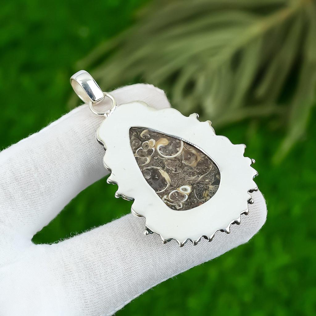 925 Sterling Silver Turritella Agate Gemstone Anniversary Bezel Unique Pendant