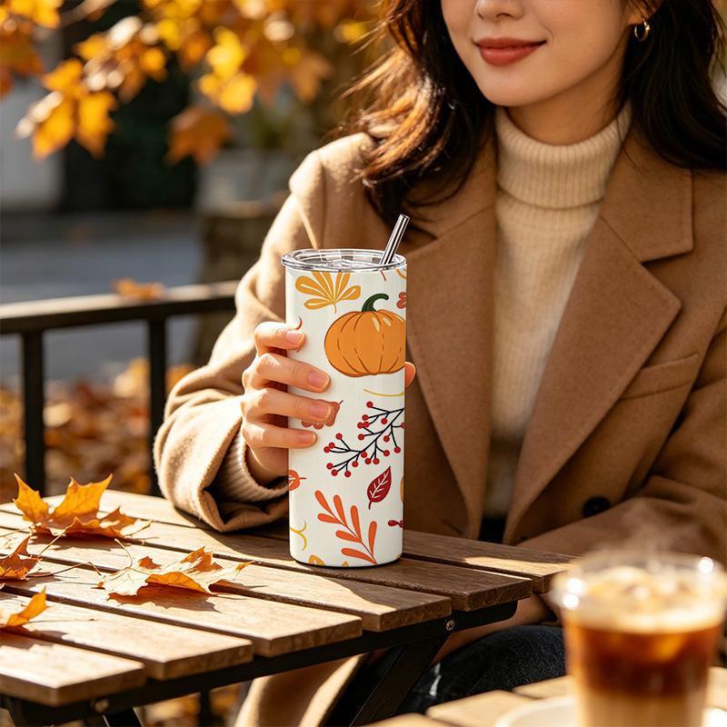 591ml Straight Cup Bountiful pumpkins and melon fruits Straw Cup Gift Cup Skinny Tumbler Portable Tumbler Metal Coffee Mug