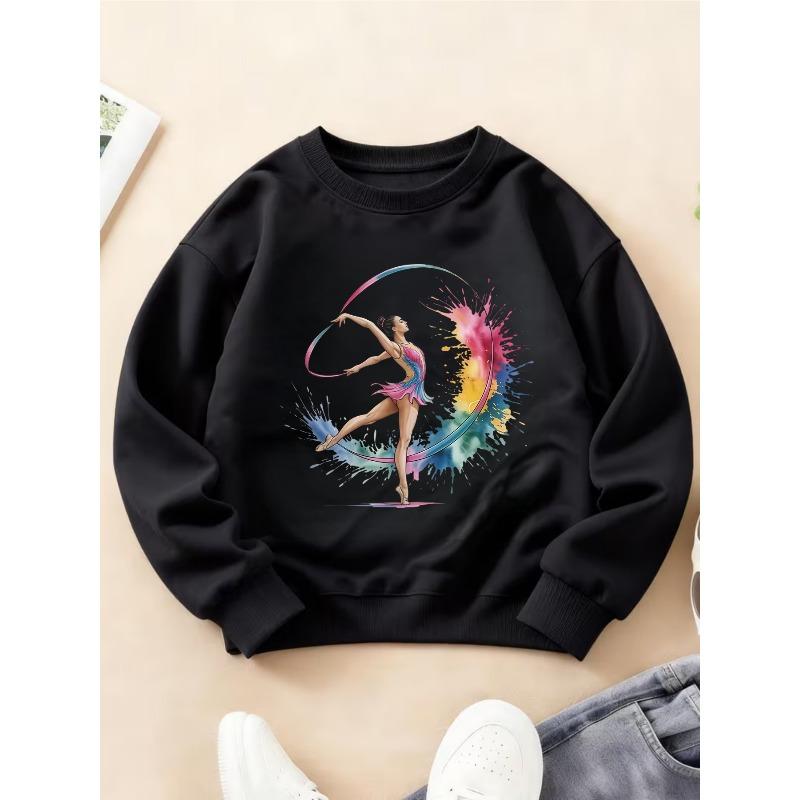 Kids Crewneck Long Sleeve Sweatshirt, Dynamic Artistic Gymnastics Girl Graphic Print, Warm Fashion Top 110