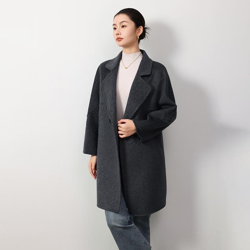 

Женское шерстяное пальто средней длины двустороннее - 100% шерсть, свободный крой, осень/зима, повседневный костюм высокого класса M (120-140 lbs)