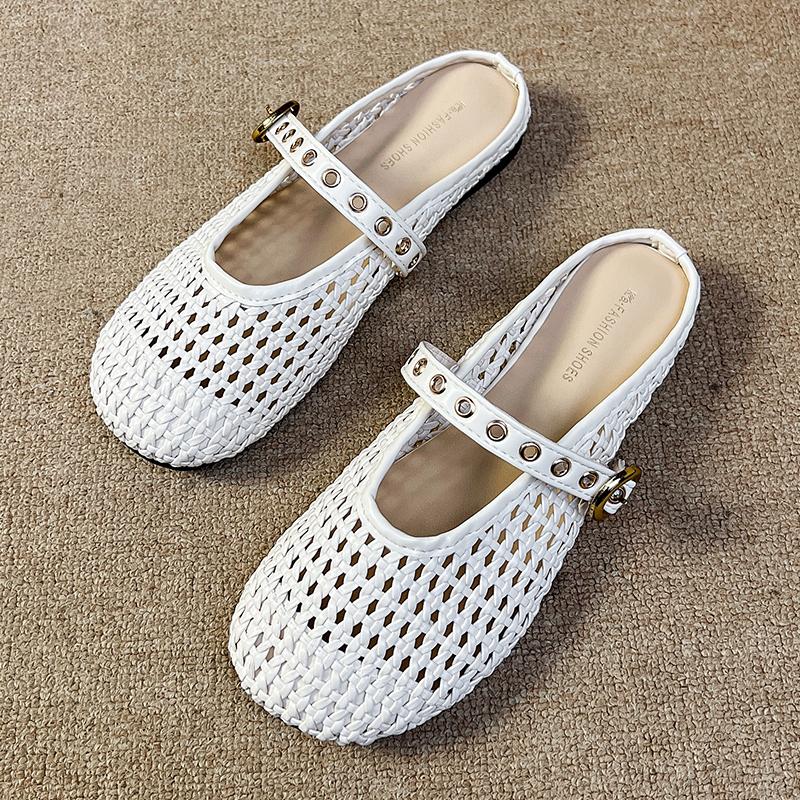 Fashion French Woven Hollow out Women's Sandals 2025 New Versatile Single Strap Casual Clog Shoes Microfiber Upper Rubber Sole