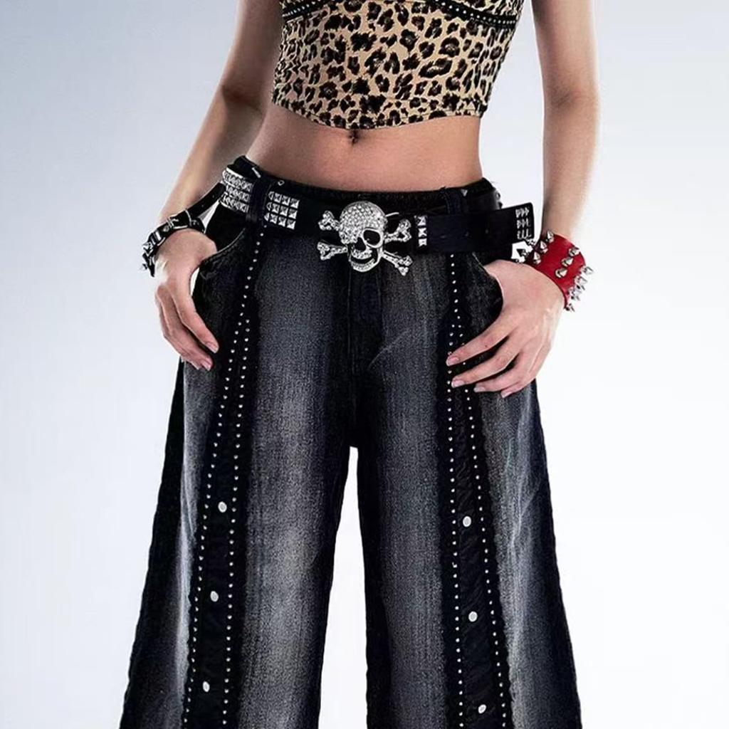 Studded Belt Skull Bone Skeleton Buckle Bling Bling Glitter Belt Hip Hop 110cm Black [Lamerry] Men's Women's