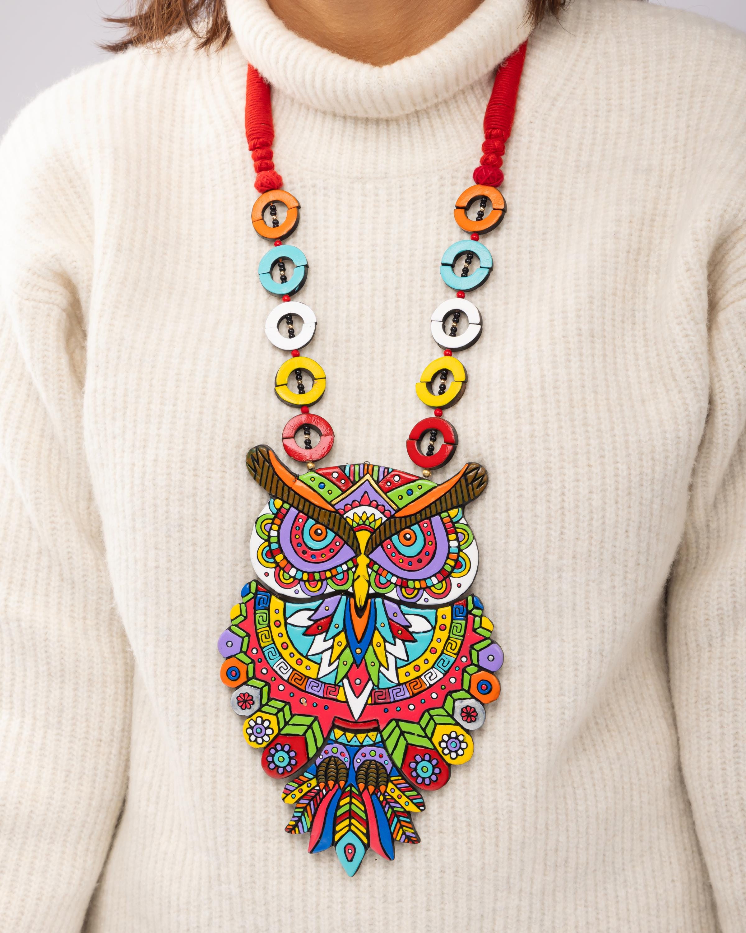 Hand painted Owl Necklace Bright Rainbow Clay Jewelry Boho Design Unique Modern Jewelry