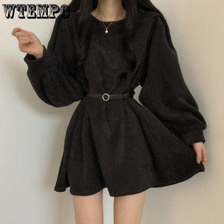 Women Temperament Pure Desire Wind Solid Color Lantern Sleeve A Line Dress Retro Design Sense Niche Long Sleeve Belt Corduroy Dresses