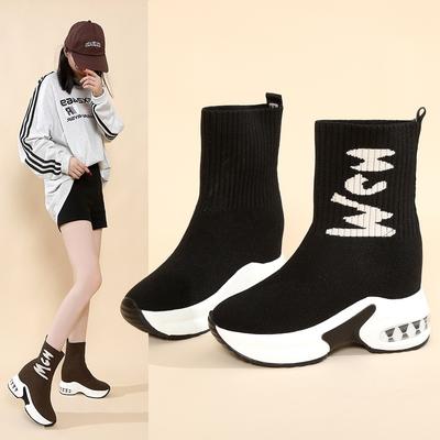 Large Size Thin Boots for Women's Autumn and Winter New Fly-woven High-top Elastic Muffin Thick-soled One-pedal Short Boots for Women
