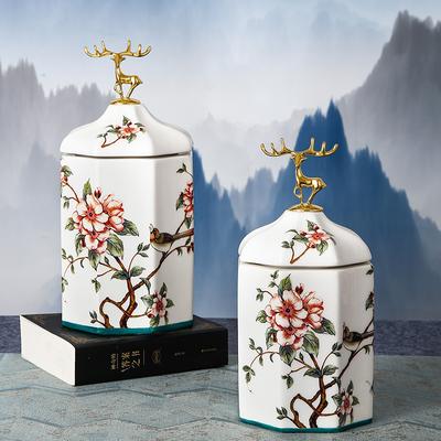 Color Flower Bird Golden Deer Candy Jar Ceramic Storage Bottle Household Nut Tea Tin Moisture-proof Storage Box Porcelain Crafts
