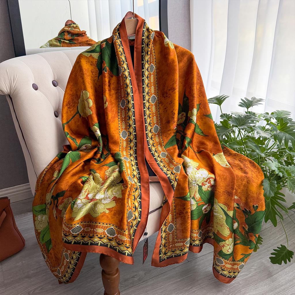 Women's 180x90cm Silk Scarf Luxury Soft Smooth Long Shawl Wrap Turban Fashion Accessory for Outdoor Beach Sunscreen