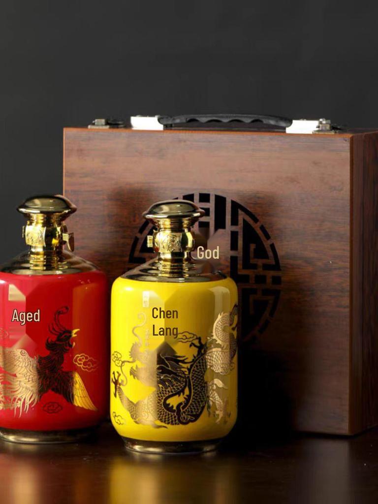Dragon & Phoenix Ceramic Wine Bottle, 2 Jin Capacity, Sealed Liquor Jar Set with Aged Wine Pot