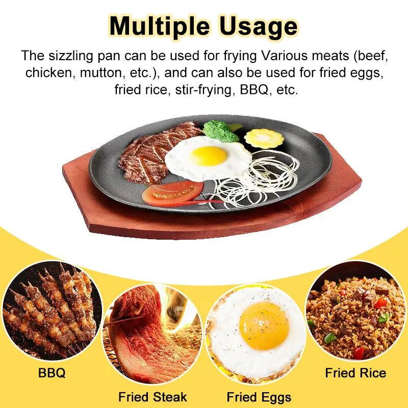 Bbq Grilled Plate Round Gousehold Baking Raosting Pan Wooden Tray Kitchen Pan Korean Cast Iron Barbecue Pot Fried Striped Steak