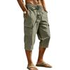Men Linen Casual Outdoor Cargo Seven Shorts Multi Pocket Loose Fit Lightweight Drawstring Waist