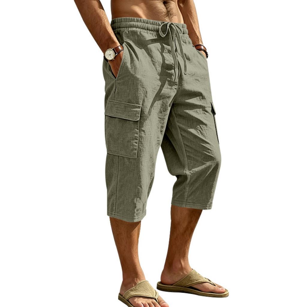 Men Linen Casual Outdoor Cargo Seven Shorts Multi Pocket Loose Fit Lightweight Drawstring Waist