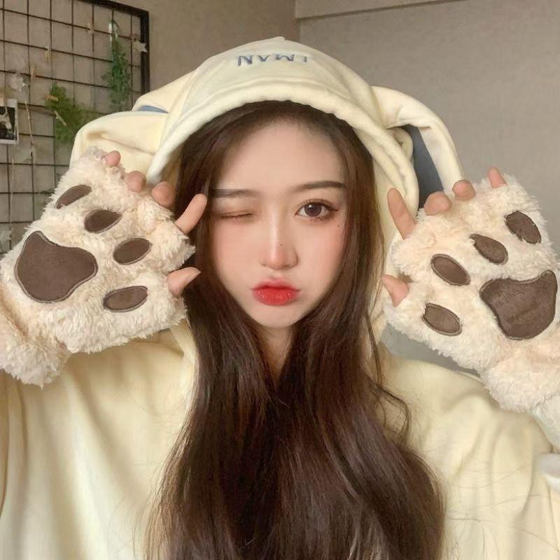 Half-finger Cat Claw Gloves Girl Winter Cute Warm Gloves Winter Plush Thickened Five-finger Plush Gloves