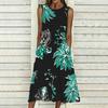 Plus Size Ladies Sleeveless Crew Neck Dress Exotic Tropical Leaves Flowy Calf Length Gown