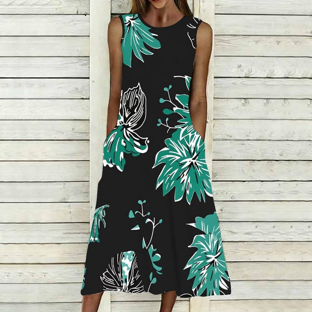 Plus Size Ladies Sleeveless Crew Neck Dress Exotic Tropical Leaves Flowy Calf Length Gown