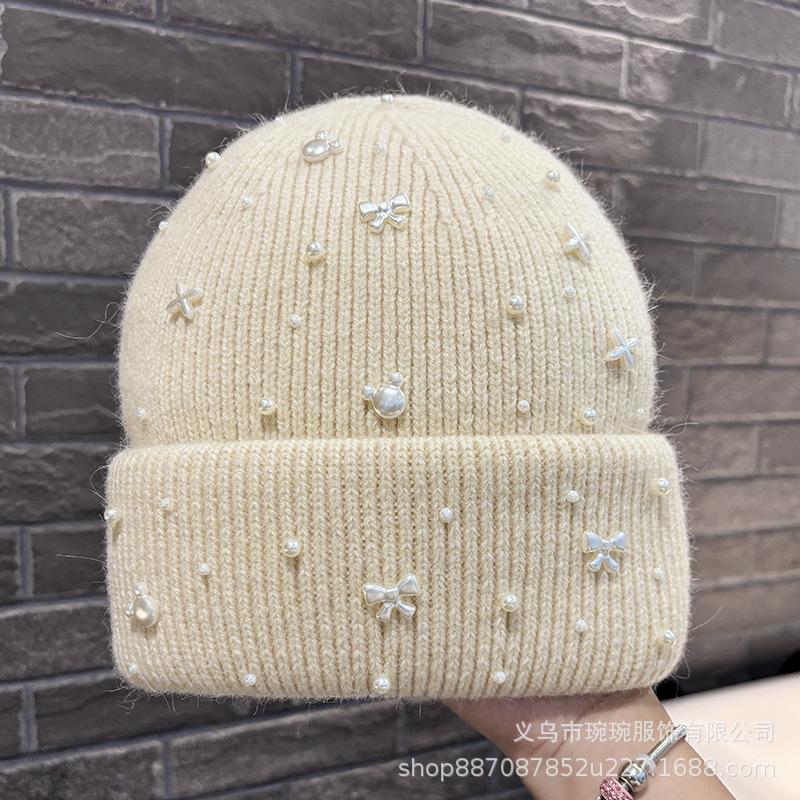 Autumn and winter new pearl bow light luxury wool hat women's big head circumference shows a small face, cold-proof ear protection knitted hat