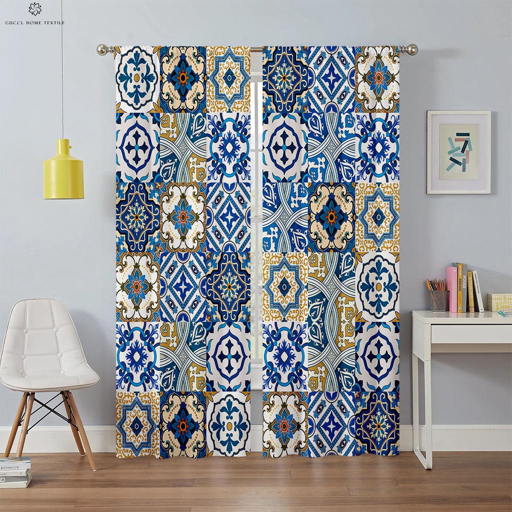 Bohemian Retro Printed Curtains, Blackout, Heat Insulation, Bedroom, Living Room, Kitchen, Decorative, 2 Pieces