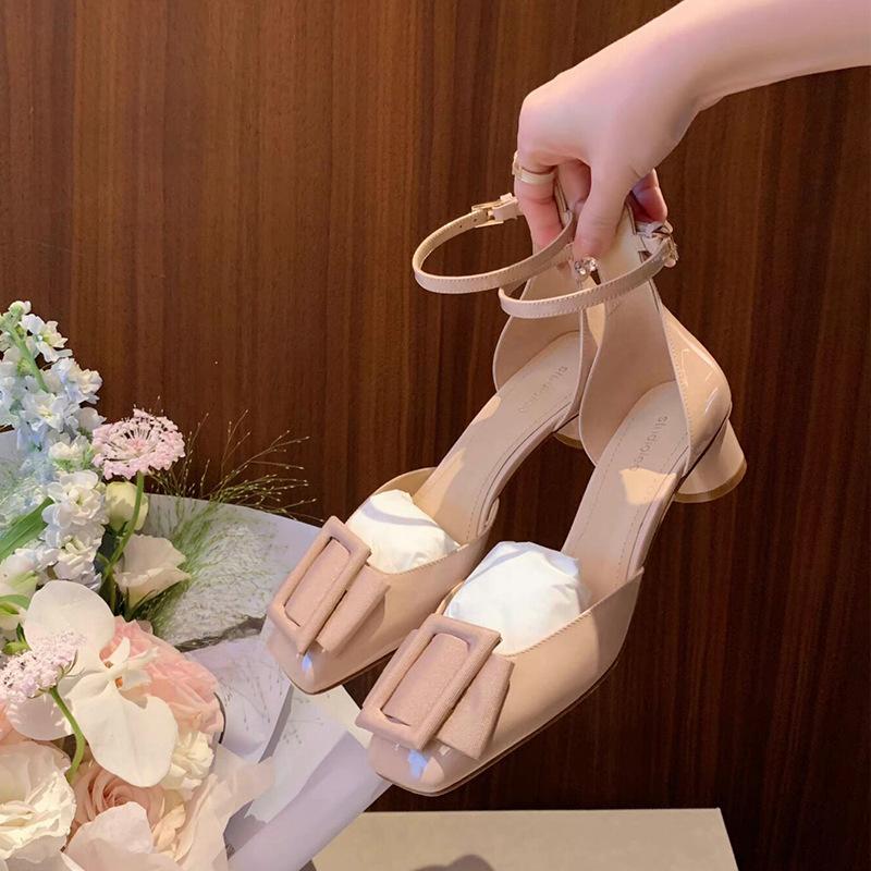 Bowknot Sandals Women Summer Square Head Hollow One Strap Square Buckle Chunky Heel Shallow Mouth