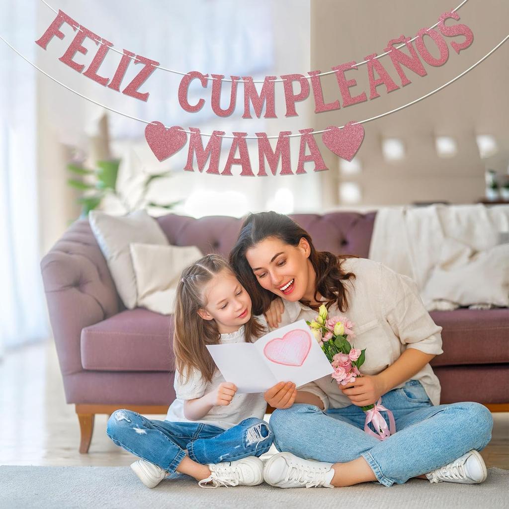 Feliz Cumpleaños Mama Banner - Spanish Happy Birthday Mom Banner, Mexican Fiesta Theme Mom' Birthday Mother's Day Party Decorations Rose Gold