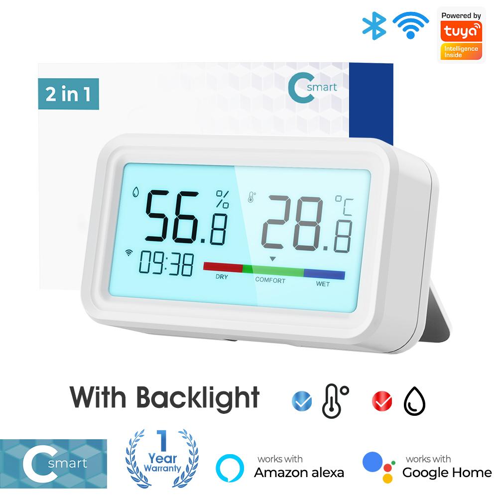 

Tuya WiFi Temperature & Humidity Sensor with Backlit Display APP Remote Monitor Alexa/Google Voice Control °C/°F Switch, WSD100-WHITE