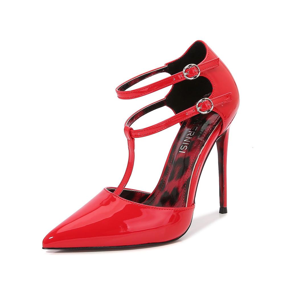 European New Leopard Print Pointed Toe Hollow Thin Super High Heel Buckle Strap Sandals Large Size Fashion Catwalk Women Dress Shoes WZ-18091-52