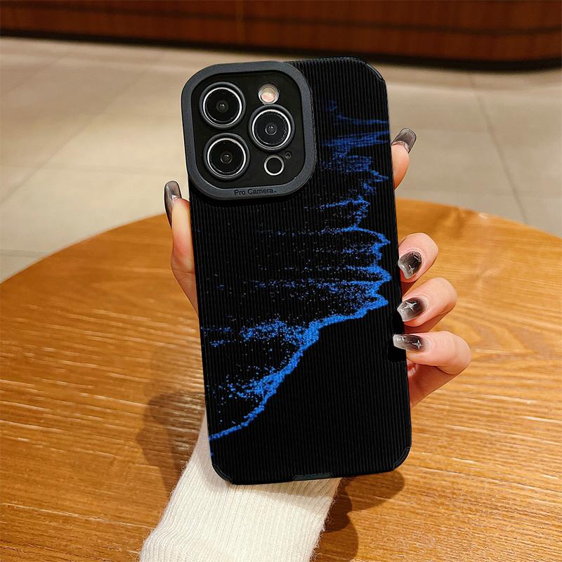 Vertical Grain Leather Shell Flashlight Blue Sea Printed Patterned Shockproof Soft Silicone Case with Camera Lens Full Protection for iPhone