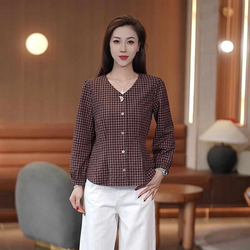 

New High-End Women s Plaid Long-Sleeve Waist-Cinched Top - Plus Size, Spring/Autumn Collection Large кавовий