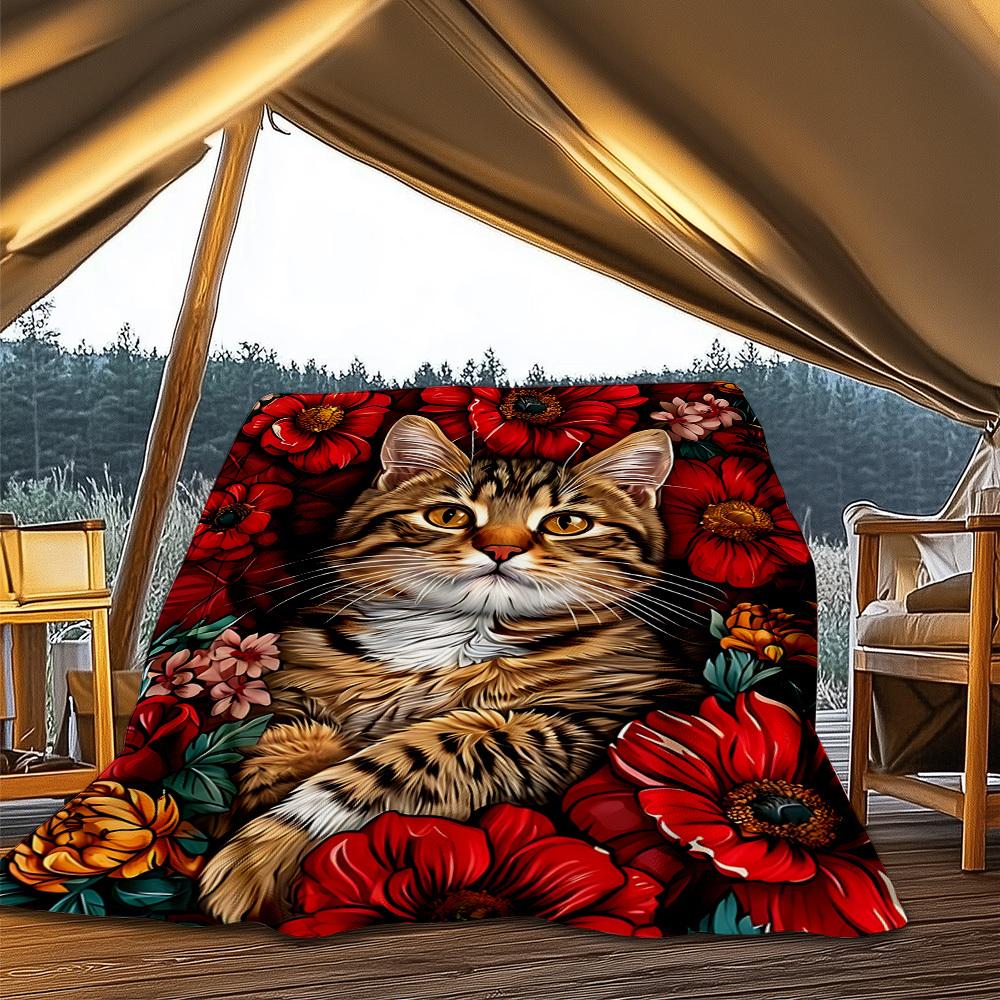 1pc Cat Floral Print Print Outdoor Blanket, Lightweight Polyester,