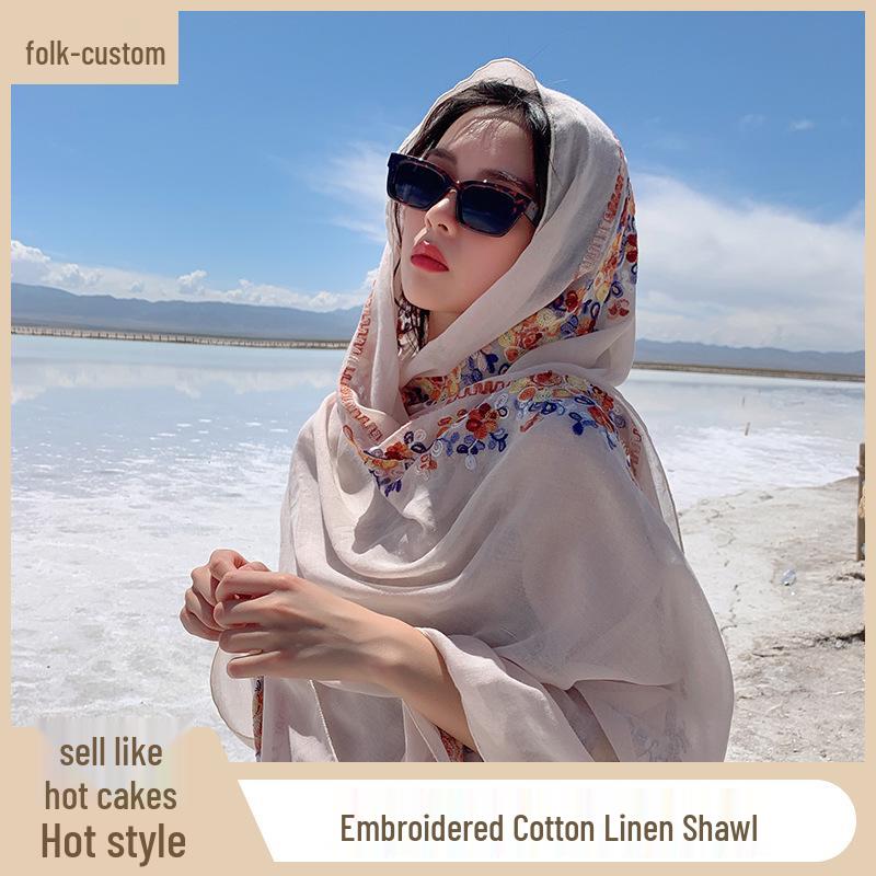 Bohemian Embroidered Ethnic Silk Scarf - Women's Beach Towel, Sun Protection Shawl, Photography Accessory