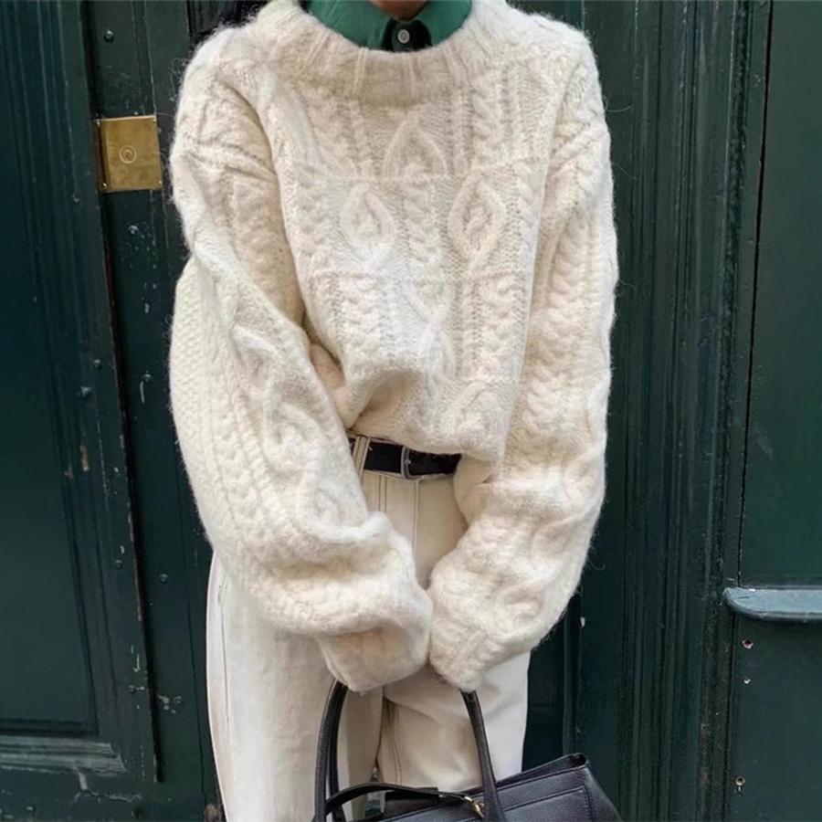 Chunky Knit Chunky Yarn Twisted Sweater Women's Outerwear Autumn Winter New Style Retro Lazy Style Loose Crew Neck Knit Top