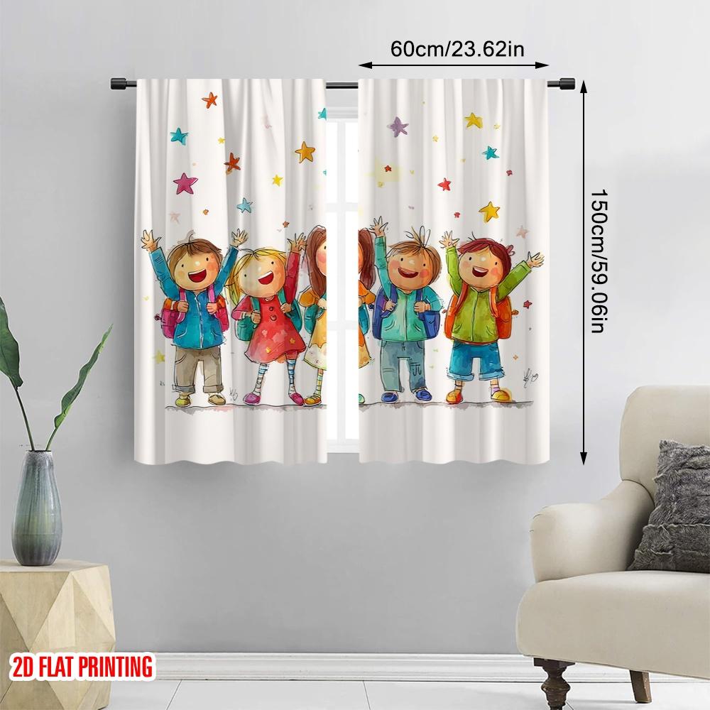 2pcs,2D Plane Printing Print Curtains Happy Youngsters Back To School Versatile Durable Polyester (without Rod) Festive Use for