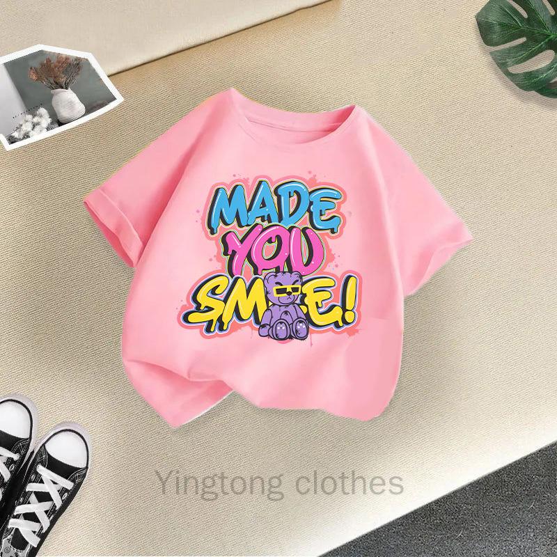 Summer Clothes for Boys and Girls, Short Sleeved T-shirts, Summer New Styles, Teddy Bear Printed Girls' Tops, Children's Clothing Trend