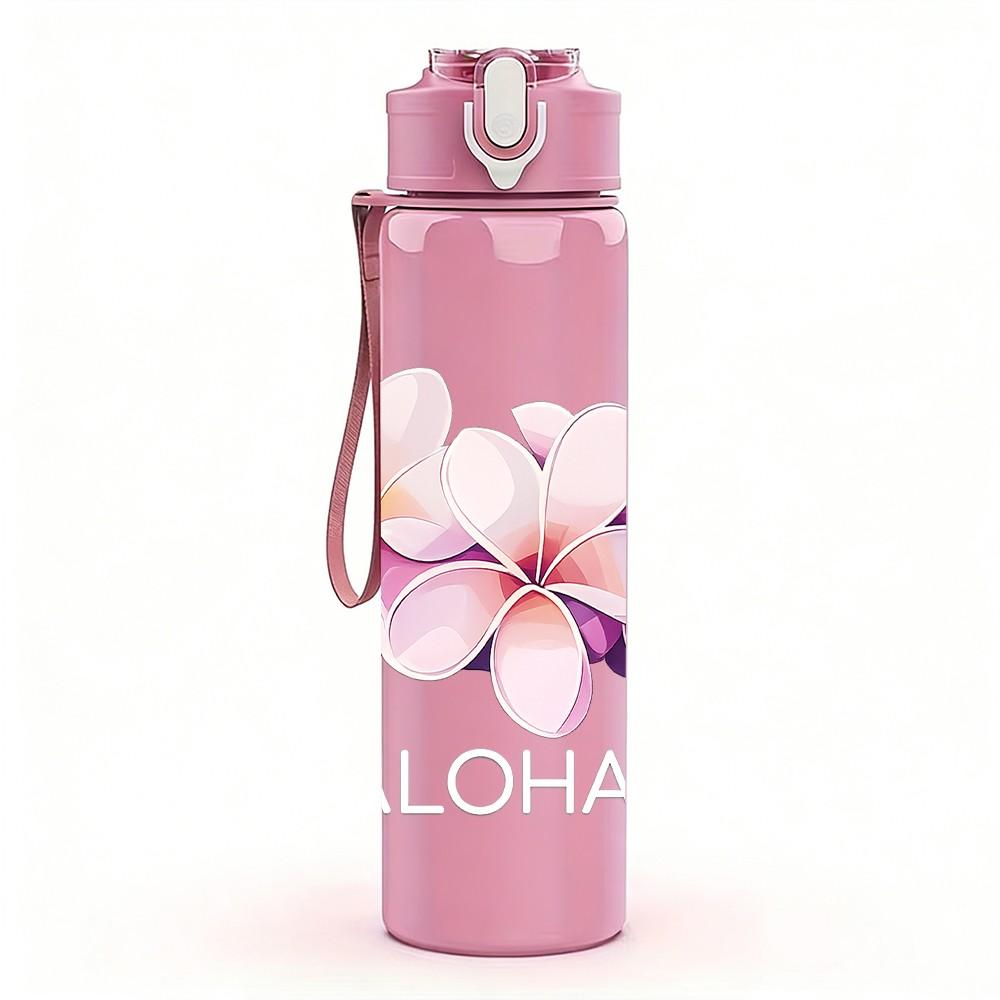 1PC Pink Plumeria Aloha Flower Print 750ml Color Plastic Sports Water Bottle Leakproof Flip Straw Lid Suitable for Sports Office Home Use