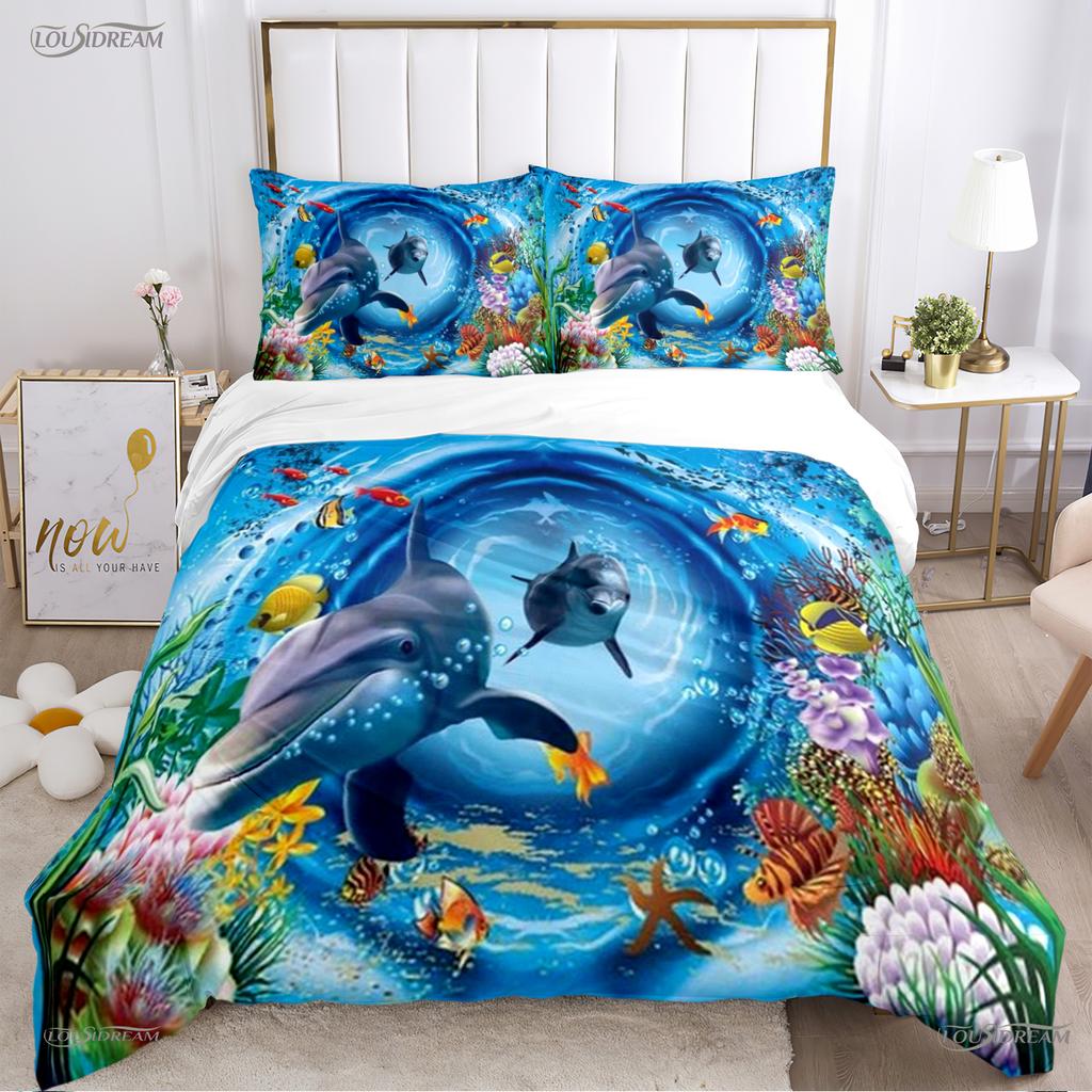 Comforter 3D Ocean World Dolphin Whale Fish Comforter Beding Set Soft And For Single/Double/Queen/King