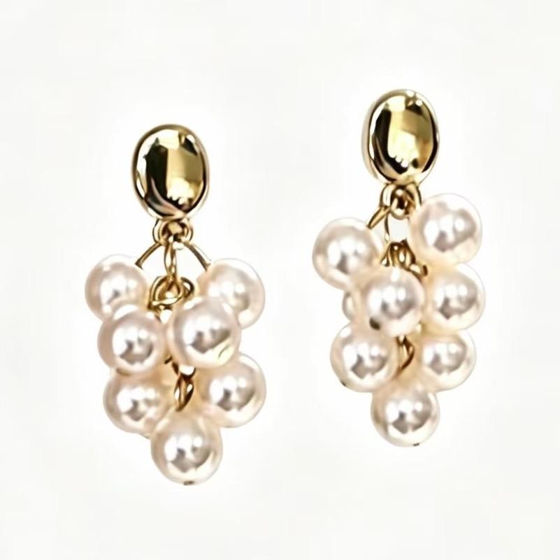 French grape string pearl fringed stud earrings retro celebrity light luxury round face earrings show face thin earrings