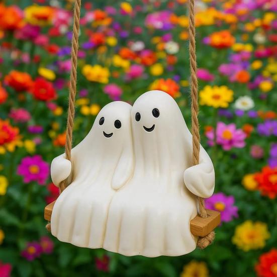 Halloween Couple Ghost Swing Statue Resin White Ghost Swinging Figurine Cute Ghost Sculpture for Garden Patio Yard Decor