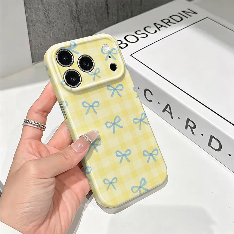 Buttery Yellow Gingham Blue Bow Pattern Graphic Art Film Aesthetic Protective Shockproof Bumper Phone Case For iPhone 14 15 16 17 Pro Max Plus