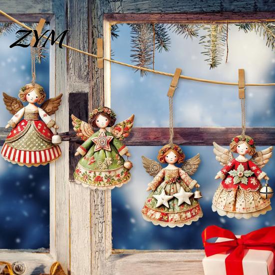 Traditional Christmas Tree Ornaments 6Pcs Vintage Angel Wooden Ornaments, Hanging Decor Set with Jute String, Rustic Pendant for Home Party