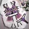 Ladies Lingerie Set with Embroidered Hollow Flower Patterns Cute Metal Charm Clips Uniform Style Apron Set for Sexy Costume Play