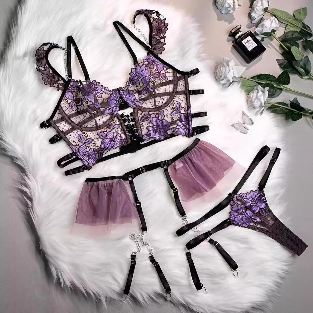 Ladies Lingerie Set with Embroidered Hollow Flower Patterns Cute Metal Charm Clips Uniform Style Apron Set for Sexy Costume Play