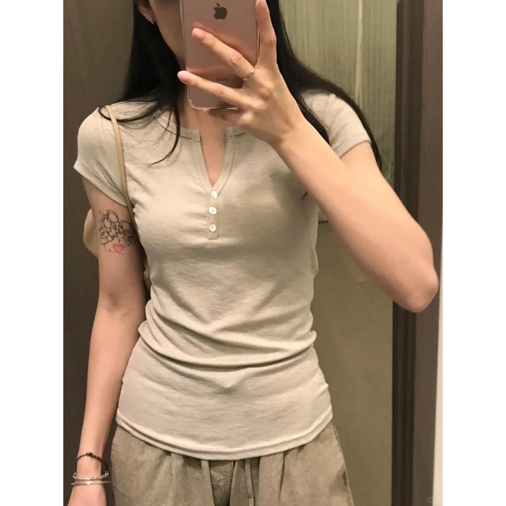 Henry Collar Three-button Small V-neck Short-sleeved Women's Summer Thin Slim-fit Slim Bottom Top Commuter Basic T-shirt