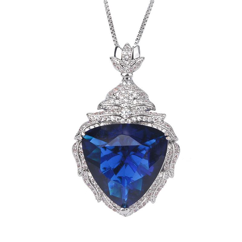 Jewelry Style Retro Simulation Sapphire Fat Triangle Luxury Inlaid Temperament Pendant Necklace